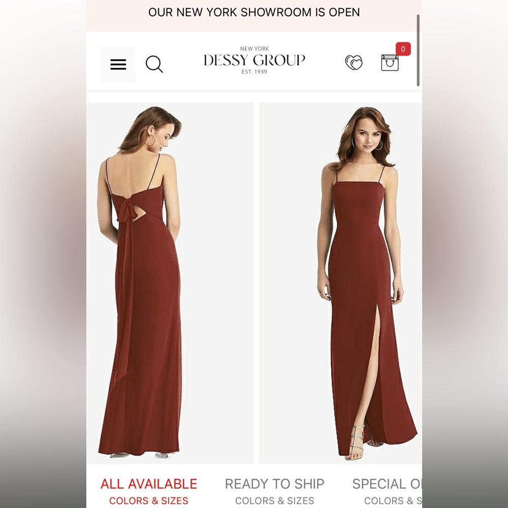 Dessy tie-back cutout trumpet glow with front slit in auburn moon